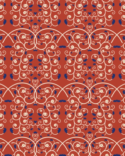 Ivory scrolls with blue half-palmettes and pale blossoms cover a coral red ground in a mirrored repeat.