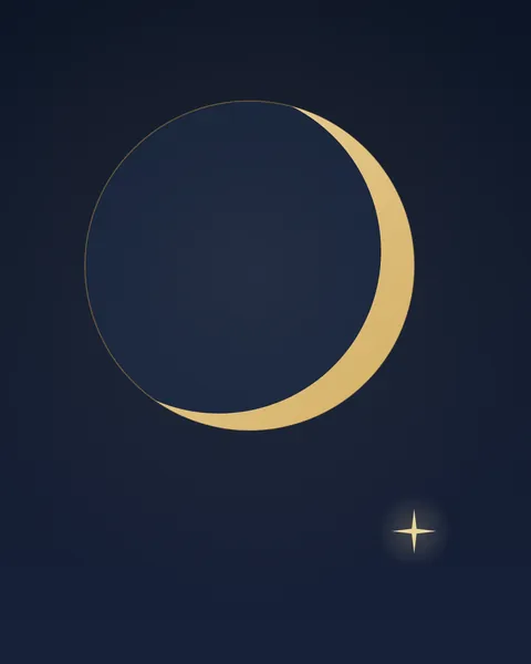 A thin gold crescent high on a midnight-blue ground. The rest of the moon's disc is just visible as a darker circle with a fine gold edge, and a single four-point star sits low to the right.