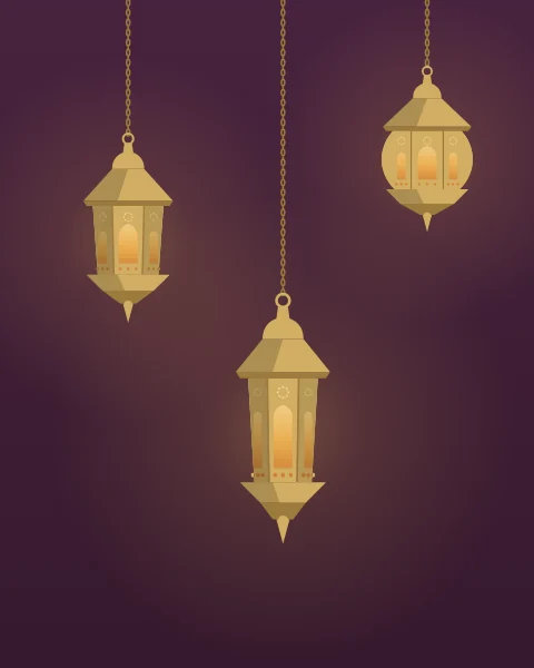 Three brass lanterns hanging on chains at three heights against deep plum. Each glows amber through pointed-arch windows and small star-shaped piercings, with a soft pool of light around it.