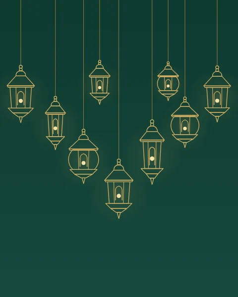 A cluster of lanterns in fine gold line on emerald, hung on long threads so they cluster lower in the middle. Each outline holds one small point of warm light.