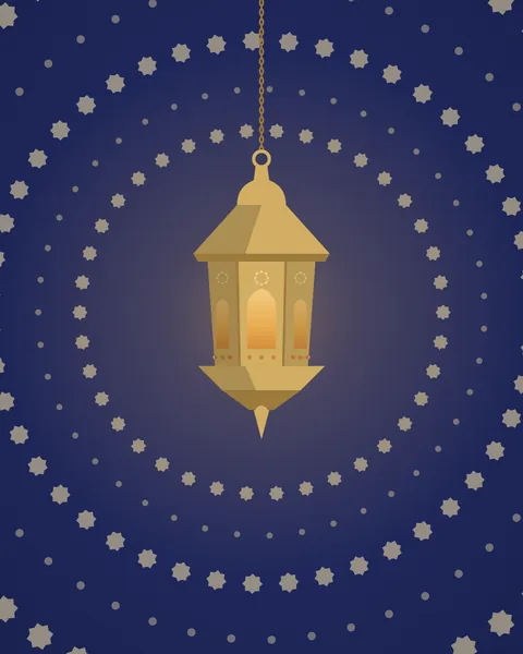 A single brass lantern at the centre of an indigo wall. Rings of small eight-point stars and dots of light spread out from it to the edges of the sheet, growing larger as they go.