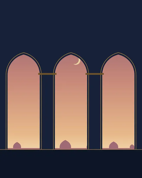 A view out through three pointed arches in a dark wall. Through them the sky runs from plum to amber over a low line of distant domes, and a thin crescent hangs in the middle arch.