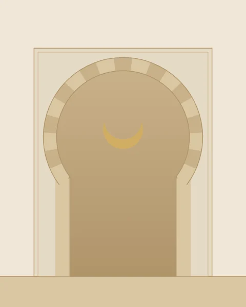 A horseshoe arch set in a rectangular frame, tone on tone in bone and sand. The arch band alternates light and dark stones, and a small gold crescent sits inside the opening.
