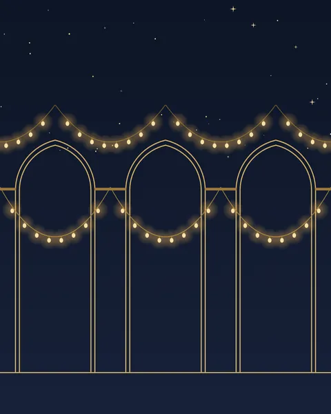 A colonnade drawn in fine gold line under a midnight sky. Two strings of small warm bulbs hang between the arches, one at the capitals and one higher up, with scattered stars above.