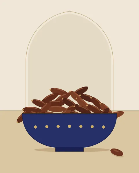 A shallow indigo bowl heaped with dark dates on a sand table, set in front of a pale arched niche. The bowl has a gold rim and a band of small gold stars, and a single date lies beside it.
