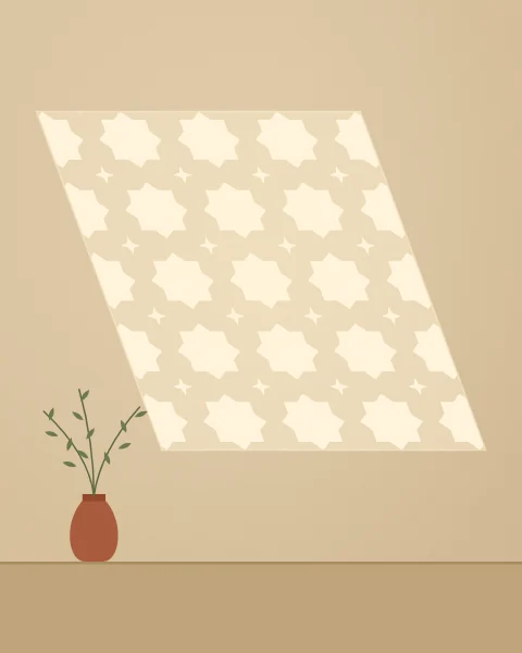 Low morning sun falls through a star-patterned lattice window and lies across a bone wall in a sheared grid of light, above a sill with a small terracotta vase.
