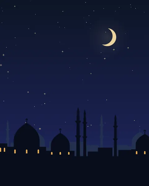 A city at night: two layers of domes, minarets and flat roofs in silhouette against a sky that deepens from indigo to midnight. A crescent and scattered stars sit above, and a few arched windows glow gold.