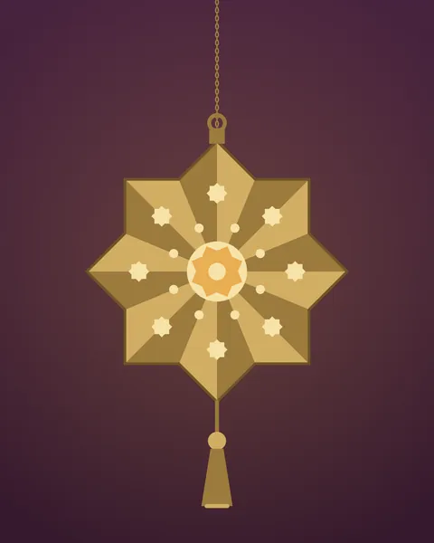 A star-shaped lantern hanging on a chain against deep plum. Its sixteen brass facets alternate light and dark, small star piercings glow around a bright amber centre, and a gold tassel hangs below.
