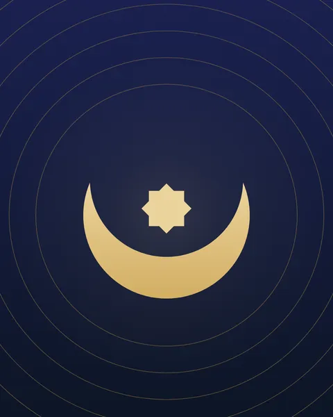 A gold crescent lying on its back like a bowl, with an eight-point star resting in its curve. Fine concentric gold circles ring the pair on an indigo ground.