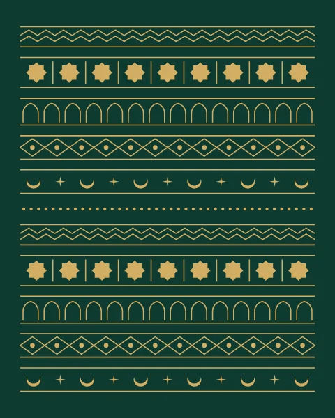 Geometric borders stacked down an emerald sheet. Chevrons, eight-point stars, small arches, lozenges, crescents and dots each run the full width in gold.