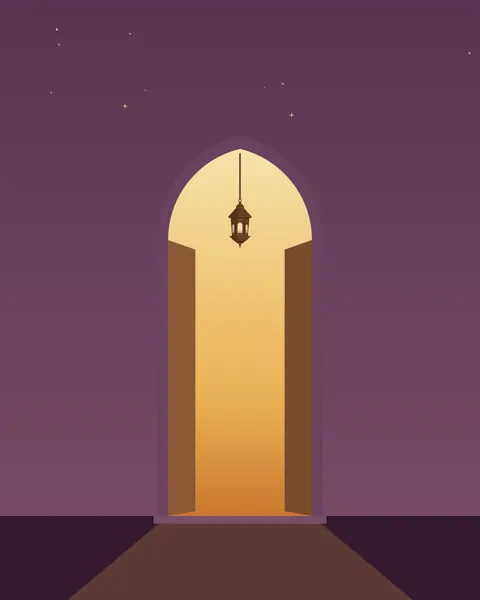 A tall pointed doorway in a dusky plum wall, open onto a warm amber room. The door leaves stand back inside the jambs, a lantern hangs in silhouette in the opening, and light spills out across the step.