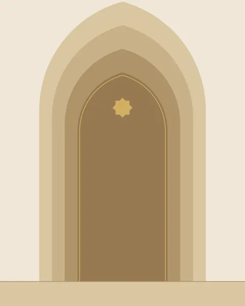 Five pointed arches set one inside the next, stepping from bone at the outside to deep sand at the centre. A fine gold line traces the innermost arch, with a small gold eight-point star at its head.