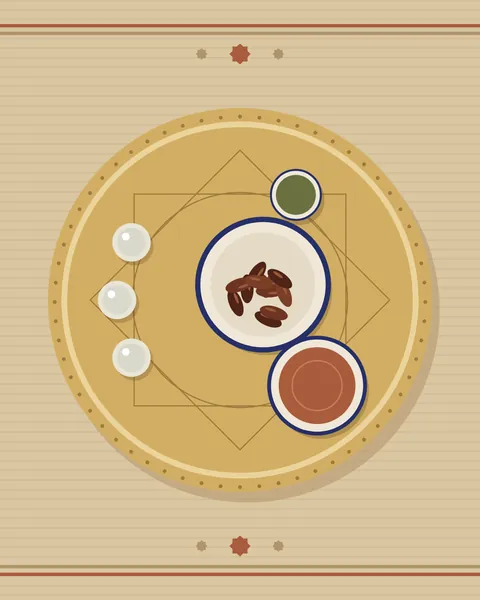 A round brass tray seen from directly above on a striped sand cloth. It holds a bowl of dates, a bowl of terracotta soup, three glasses of water and a small dish, around an engraved star.