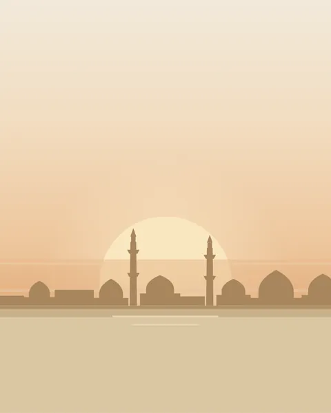 A pale sun rising behind a low, distant line of domes and minarets. The sky runs from bone to soft peach, bands of haze cross the sun, and its light lies on the sand below.