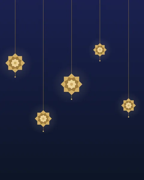 Five cut-brass stars hanging on fine threads at different heights on indigo. Each is layered from three eight-point stars in light and dark gold, with a small bead below.