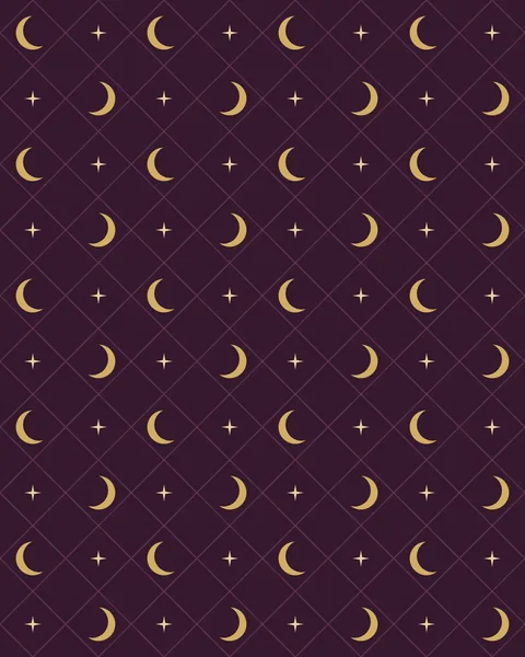 An allover repeat on deep plum. Gold crescents alternate with small four-point sparks on a fine diagonal lattice, the crescents facing left and right in alternate rows.
