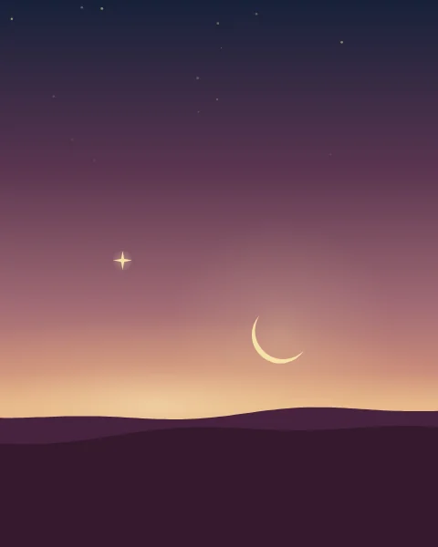 A thin new crescent low over a line of dunes at dusk. The sky runs from midnight blue down through plum to a rose glow where the sun has just set, with a single bright star above.