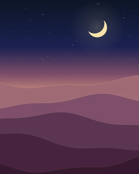 Five bands of dunes in rose, plum and deep aubergine roll towards the viewer under a night sky, each crest touched by a fine line of moonlight. A young crescent hangs high to the right among scattered stars, lit on the side facing the set sun.