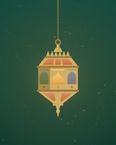 A large Egyptian fanous hangs on a brass chain against deep emerald. Its crown of points, red roof panes, green, amber and blue glass and pierced arches glow from within, scattering small coloured lights across the wall.