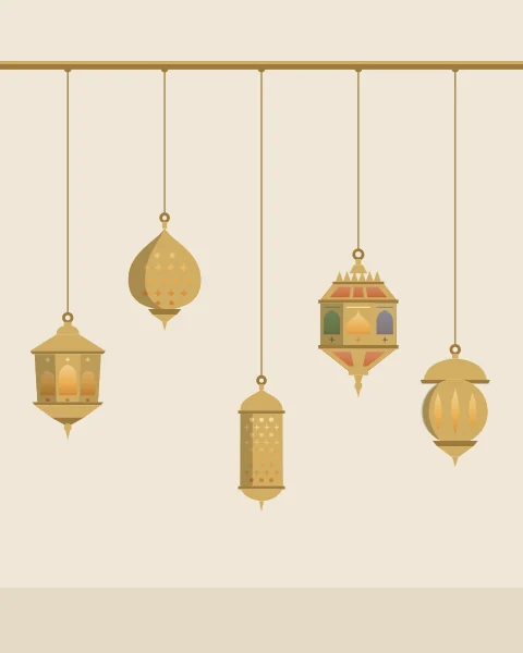 Brass lanterns of different shapes hang at different heights from a single rail on a pale bone wall: hexagonal, pierced onion, slender cylinder, coloured-glass fanous, round and star-shaped.