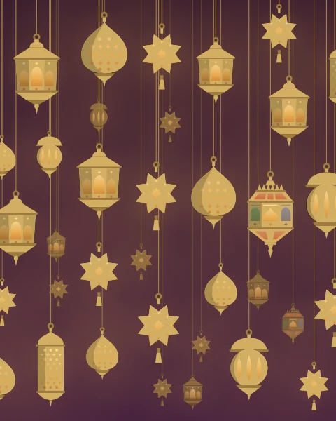 Dozens of brass lanterns fill a deep plum ceiling, hanging on long threads at every height. Smaller, dimmer lanterns sit far back and larger ones glow close by.