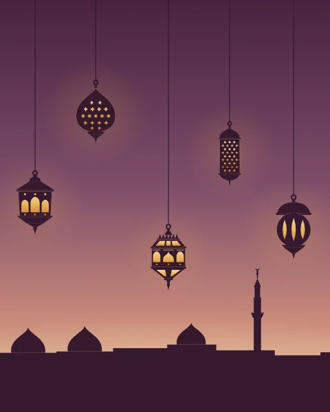 Dark lantern silhouettes hang on long threads against a dusk sky that runs from plum to warm rose. Their glass glows amber, and a low roofline of domes and one minaret sits along the foot.