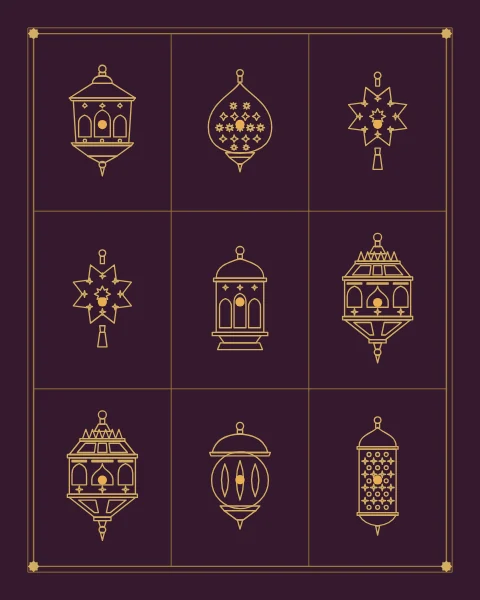 A grid of lanterns drawn in fine gold line on deep plum, each in its own ruled cell like a page of drawings. Every lantern holds a single point of warm light.
