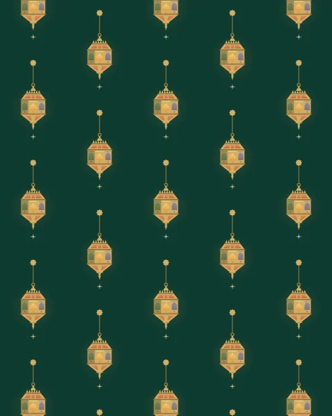 An allover pattern of small Egyptian lanterns in a half-drop on emerald. Each hangs from a tiny gold star, with sparks of light between the rows.