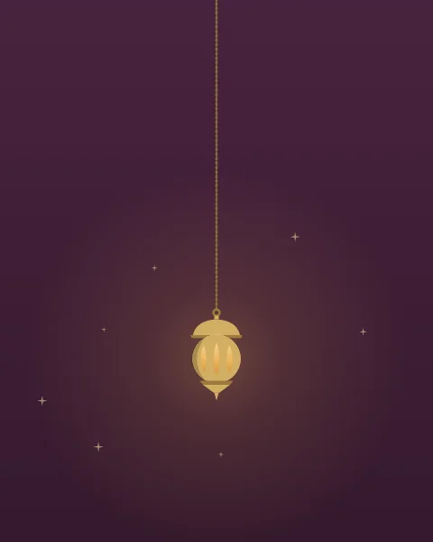 A single small round lantern hangs very low on a long brass chain in a wide field of deep plum, with a few small sparks of light around it.