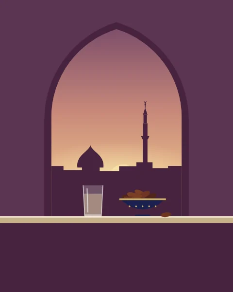 A pointed window in a plum wall looks out on a sunset over flat roofs, a dome and a minaret. On the sill stand a glass of water and an indigo bowl of dates.