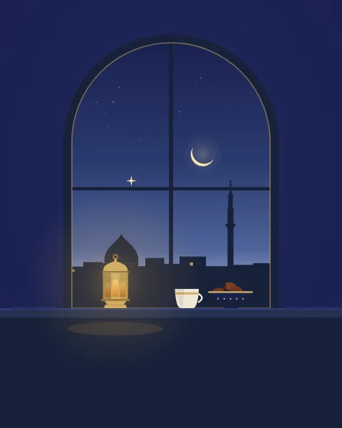 An arched window at the blue hour before dawn, with a thin crescent and the morning star over dark rooftops. On the sill a small lantern glows beside a cup and a bowl of dates.