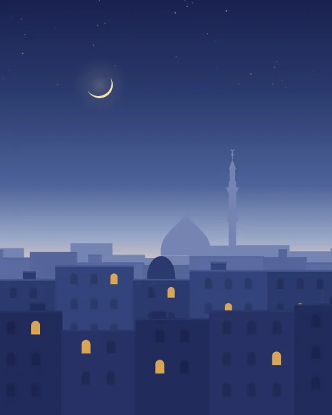 A city of flat roofs in layers of blue under a sky that lightens from deep indigo to a faint pink at the horizon. A dome and minaret stand far off, a thin crescent fades above, and a few windows are lit.