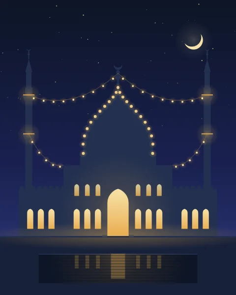 A domed mosque at night with two minarets, its dome outlined in small lights and its arched windows and doorway glowing gold. Strings of lights run from the minarets to the dome, reflected in a pool in front.