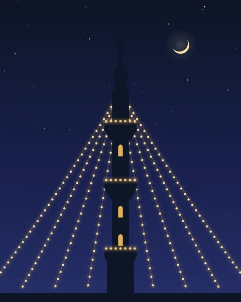 A single tall minaret in silhouette against a starry indigo sky, its balconies lit, with strings of small lights fanning out from the top down to the ground like a tent.