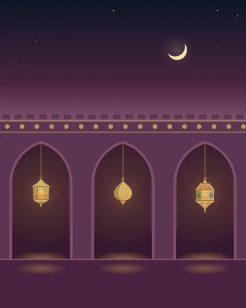 A plum arcade at night under a starry sky, a lantern hanging in every pointed arch above a pool of warm light, with a gold frieze of small stars running along the wall.