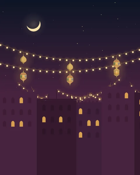 Flat-roofed houses in plum and aubergine stand under a night sky, with strings of small lights looping from roof to roof and lanterns hanging from the highest strings. A crescent sits high to the left.