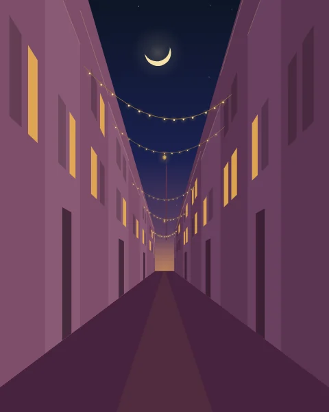 A narrow lane between tall plum houses runs away into the distance, its windows lit. Strings of lights and small lanterns cross overhead at every turn, a crescent hangs in the strip of sky, and a minaret rises at the far end.