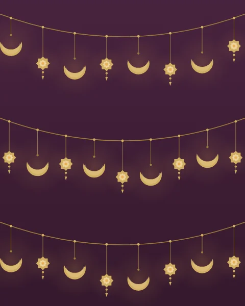 Rows of looping gold cord across deep plum, hung with cut-brass crescents and eight-point stars on threads of different lengths, each with a soft glow.