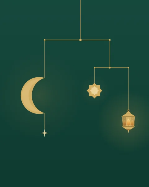 A fine gold mobile on emerald: a crescent balances on one arm, and on the other a smaller arm holds a gold star and a small glowing lantern, with a spark hanging below the moon.