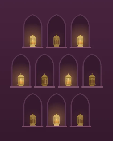 Ten arched niches in a plum wall, each holding a small brass lantern. Five burn brightly and five glow low, alternating from one niche to the next.