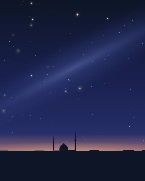 A deep night sky crowded with stars, crossed by a soft band of light. Far below, a tiny line of domes and minarets sits on the horizon, where the first rose of dawn is just showing.