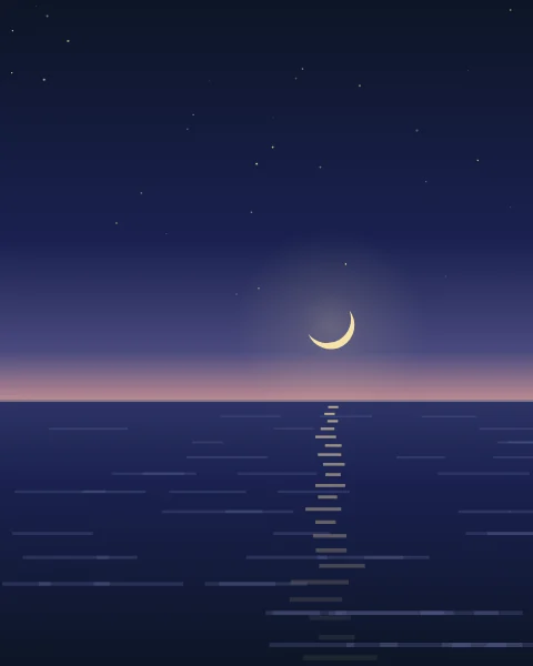 A calm sea at night under a starry sky. A thin crescent hangs low above a horizon touched with rose, and its light breaks into a path of short gold strokes on the water.