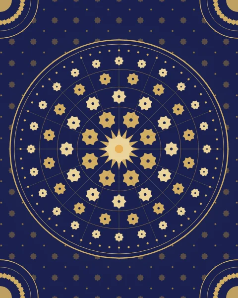 A round gold medallion on indigo, built from rings of eight-point stars around a sixteen-point centre, crossed by fine ribs like the inside of a dome. A faint star lattice fills the ground, with quarter-rosettes in the corners.