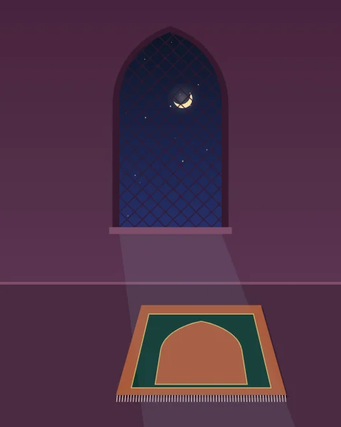 A latticed arched window in a plum room shows a crescent in the night sky. Moonlight falls in a pale shaft across the floor onto a small prayer mat laid out below.