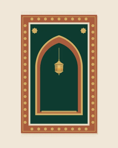 A flat prayer rug with a terracotta border of small gold stars, a bone inner frame and an emerald field. A pointed niche fills the centre with a lamp hanging in it. In wider prints two or more rugs lie side by side as in a prayer row.