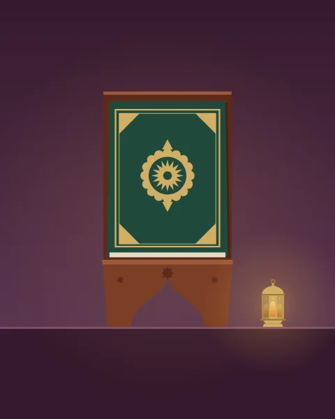 A closed Quran with a green leather cover rests on a carved wooden stand in a plum room. The cover is tooled in gold with a round sun medallion and corner pieces, and a small lantern glows on the floor beside it.