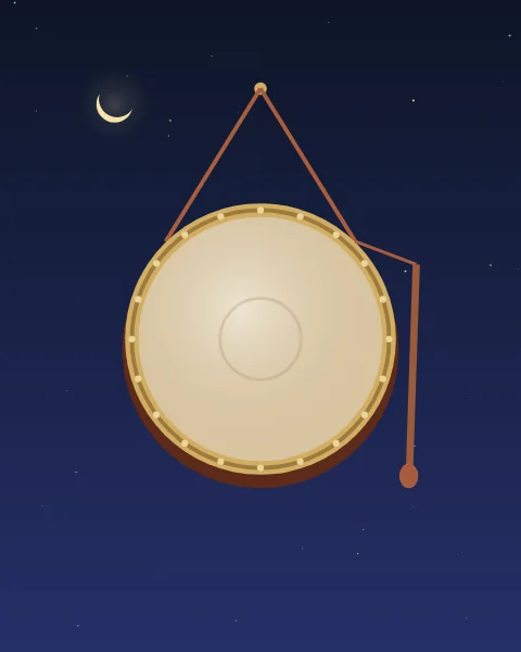 A round hand drum with a brass rim of small studs hangs on a cord against a starry indigo sky, its leather beater hanging beside it. A thin crescent sits high to the left.