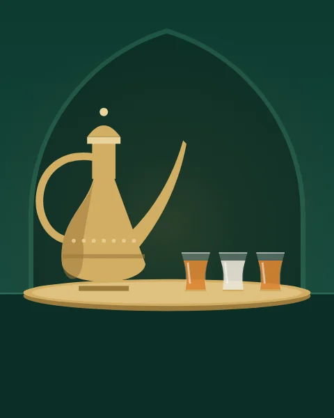 A tall brass ewer with a long spout and curved handle stands on a round tray in an arched emerald niche, beside three small glasses, two of apricot juice and one of water.