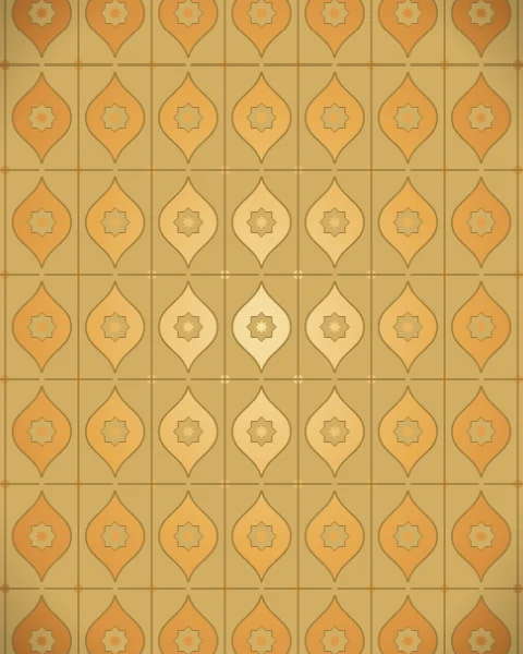 A close view of pierced brass: a lattice of ogee cells, each holding an eight-point star, with warm amber light glowing through every opening and fading to deep orange at the edges.
