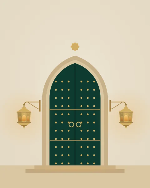 A tall pointed door in deep emerald, studded with brass, set in a stone frame on a pale wall. A lantern hangs on a bracket at each side, lit, and warm light falls on the step.